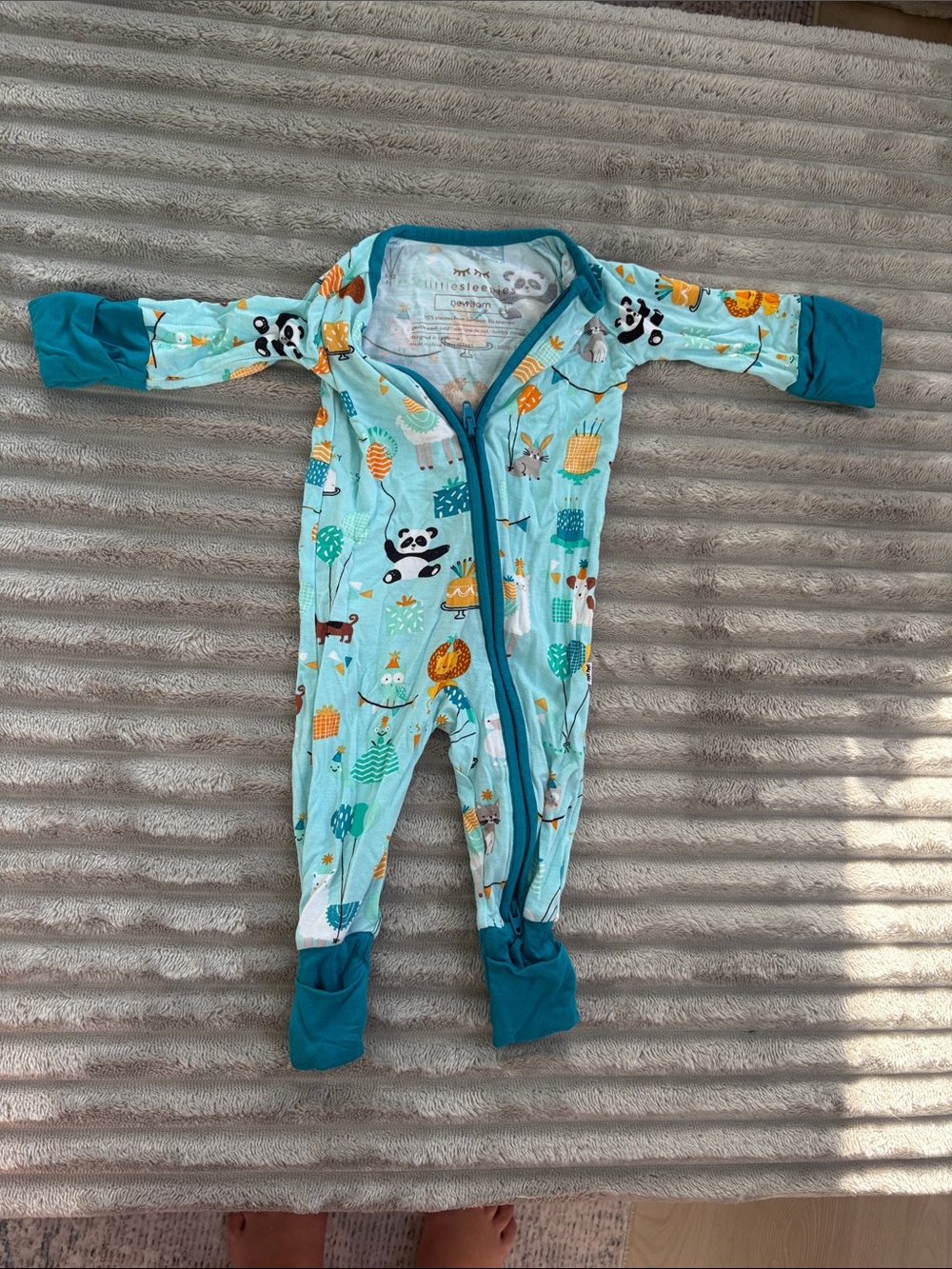 Little Sleepies Teal Woodland Print Footie with Dark Teal Trim